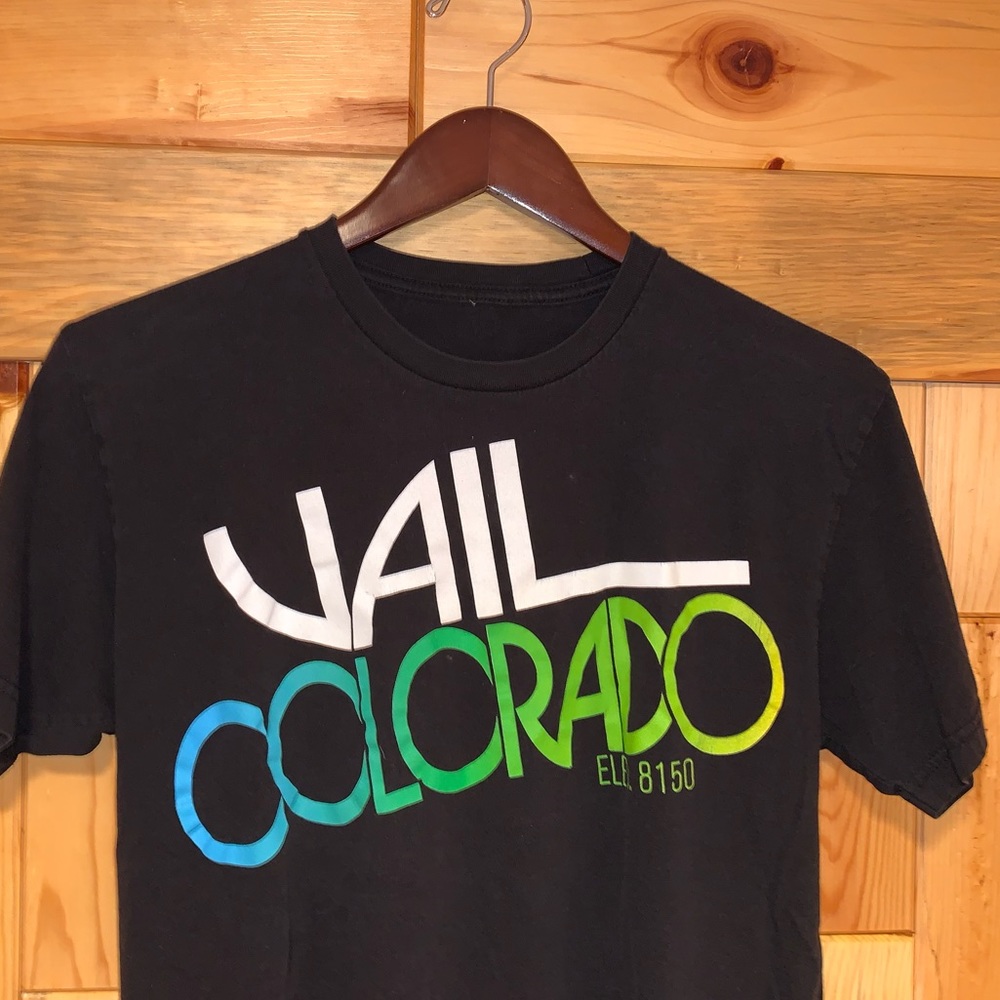 VTG 90s Black Cotton VAIL COLORADO Retro Ski Graphic Tee Shirt Small / Medium - Picture 6 of 8